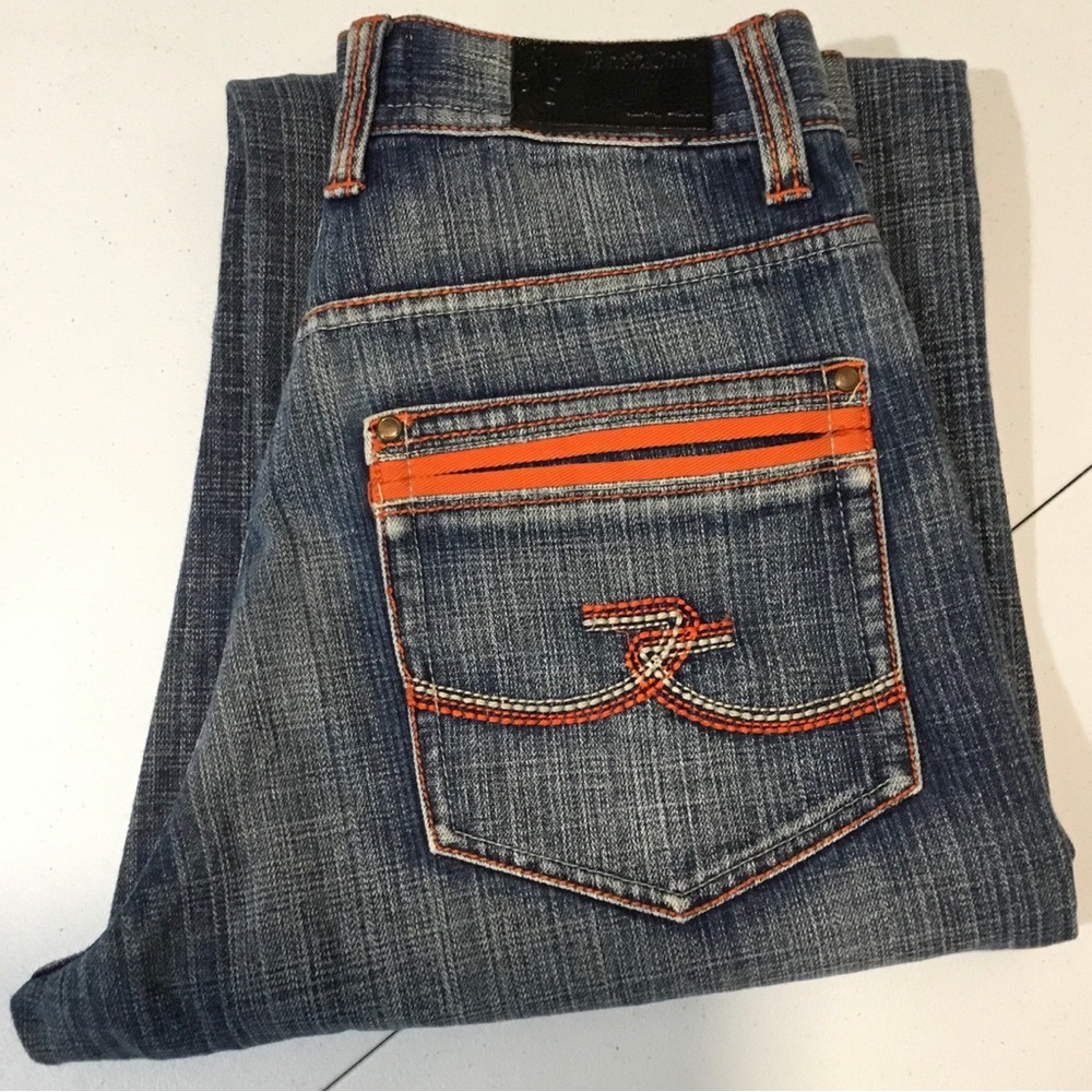 Unisex Basic  Code  Denim Jeans with Orange Embroidered Trim  Wide Leg